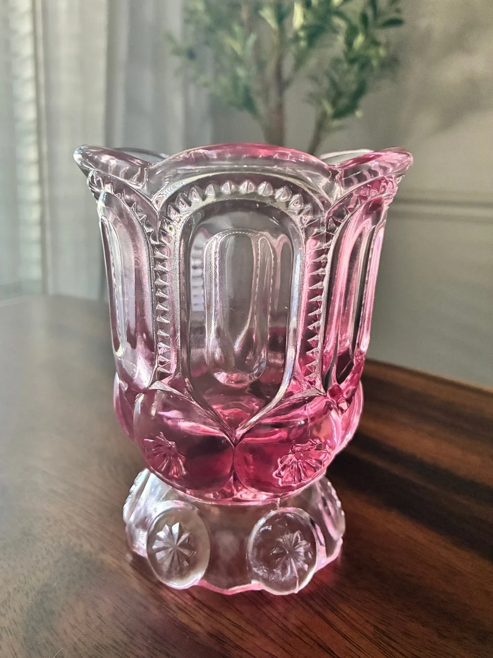 Vintage Pink L.G. Wright Moon and Star Glass Spooner Vase